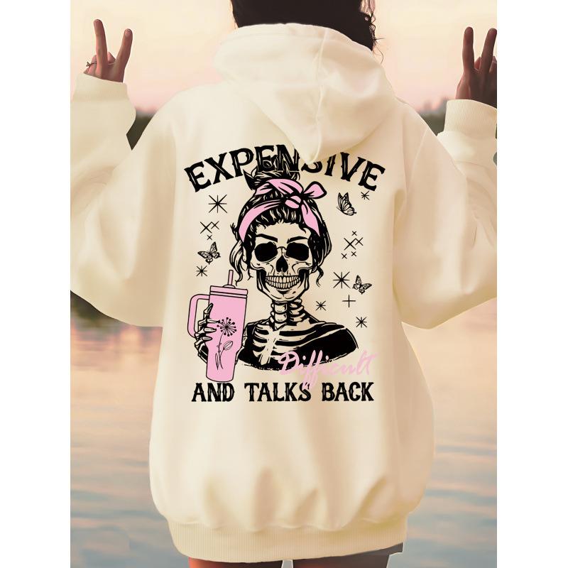 Ladies Spring Autumn Casual Hooded Long Sleeve Big Pocket Halloween Skull Girls Printed Pullover Hoodies Sweatshirt Top