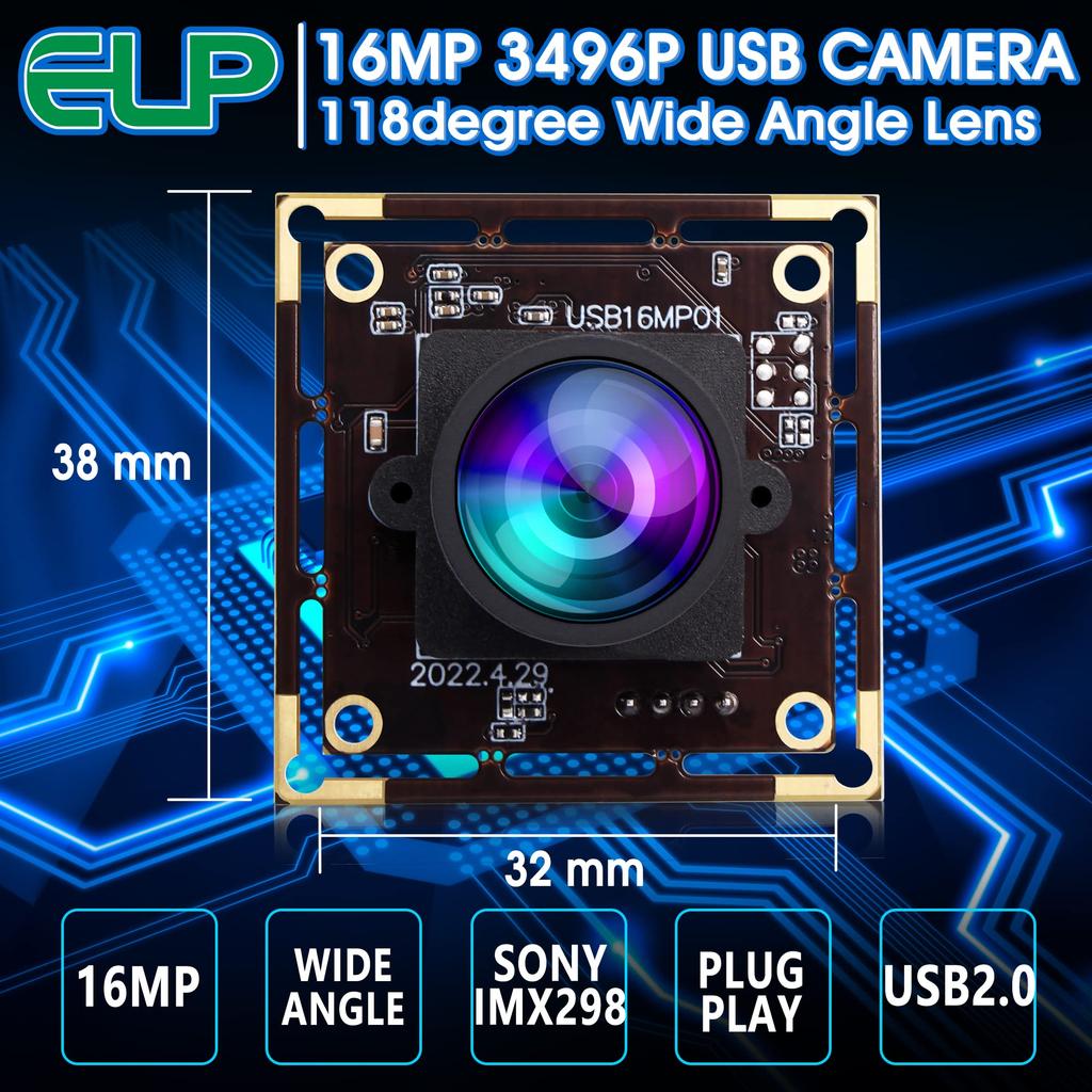 ELP 16MP USB Compact Webcam 4K Webcam UVC USB PC Video Camera for and Industrial Embedded USB Surveillance PC Lightburn Camera Camera, Wide-Angle,