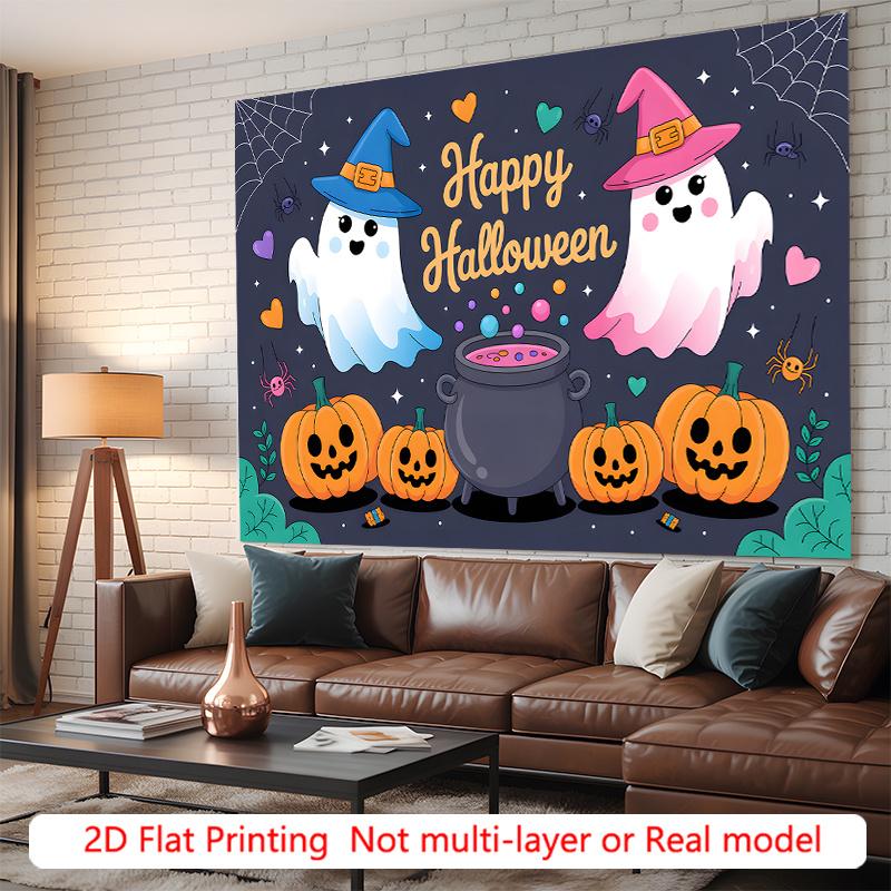 Party Backdrop Halloween Flat Spooky Pumpkins Ghosts Cauldron Event Photo Background Party Decor