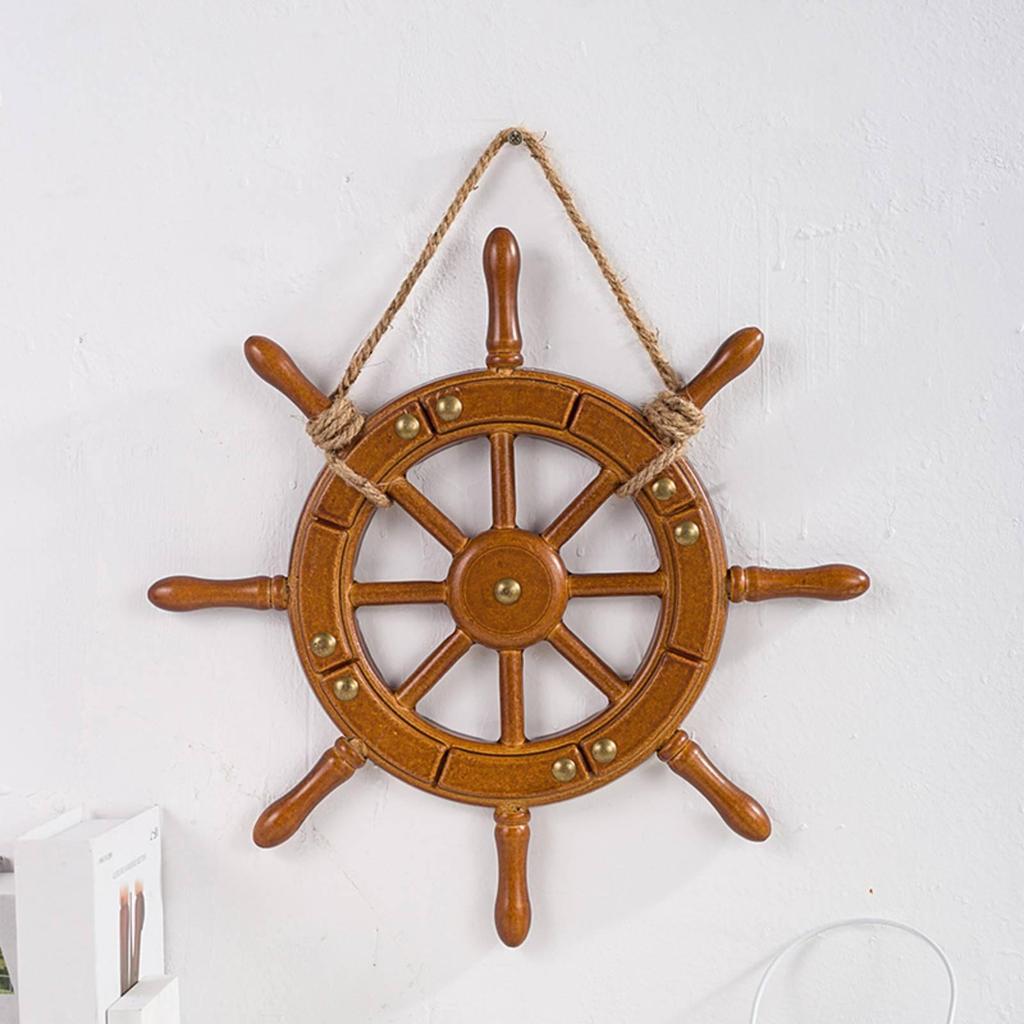 Nautical Wheel Wall Decor Mediterranean Design Wooden Helm Ornament for Cafe