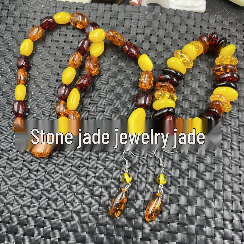 Fluorescent Multi-Gem Honey Wax Jewelry Set: Floating Saltwater Earrings & Colorful Amber Bracelet