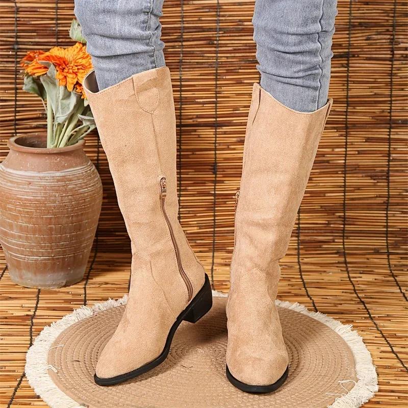 Fashion Pointed Toe Women Suede Motorcycle Boots Autumn 2024 Knee High Fashion Mid Heels Chunky Zipper Chelsea Boots Zapatos Mujer Boats