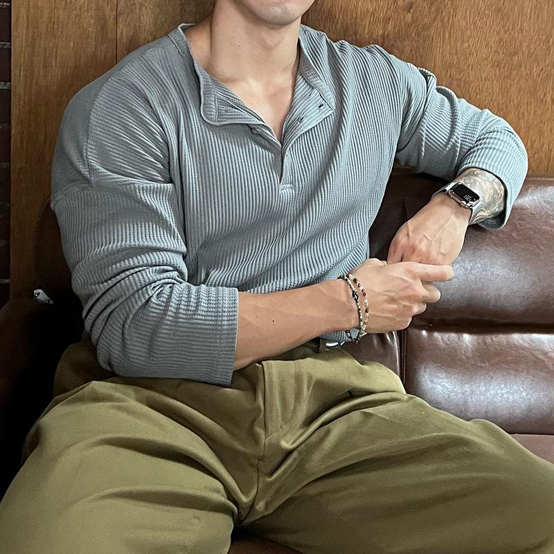 

Винтажный тренд мода мужские футболки весна осень новый однотонный O-образный вырез пуговица вафля эластичный быстросохнущий повседневный свободный топ с длинным рукавом L серый