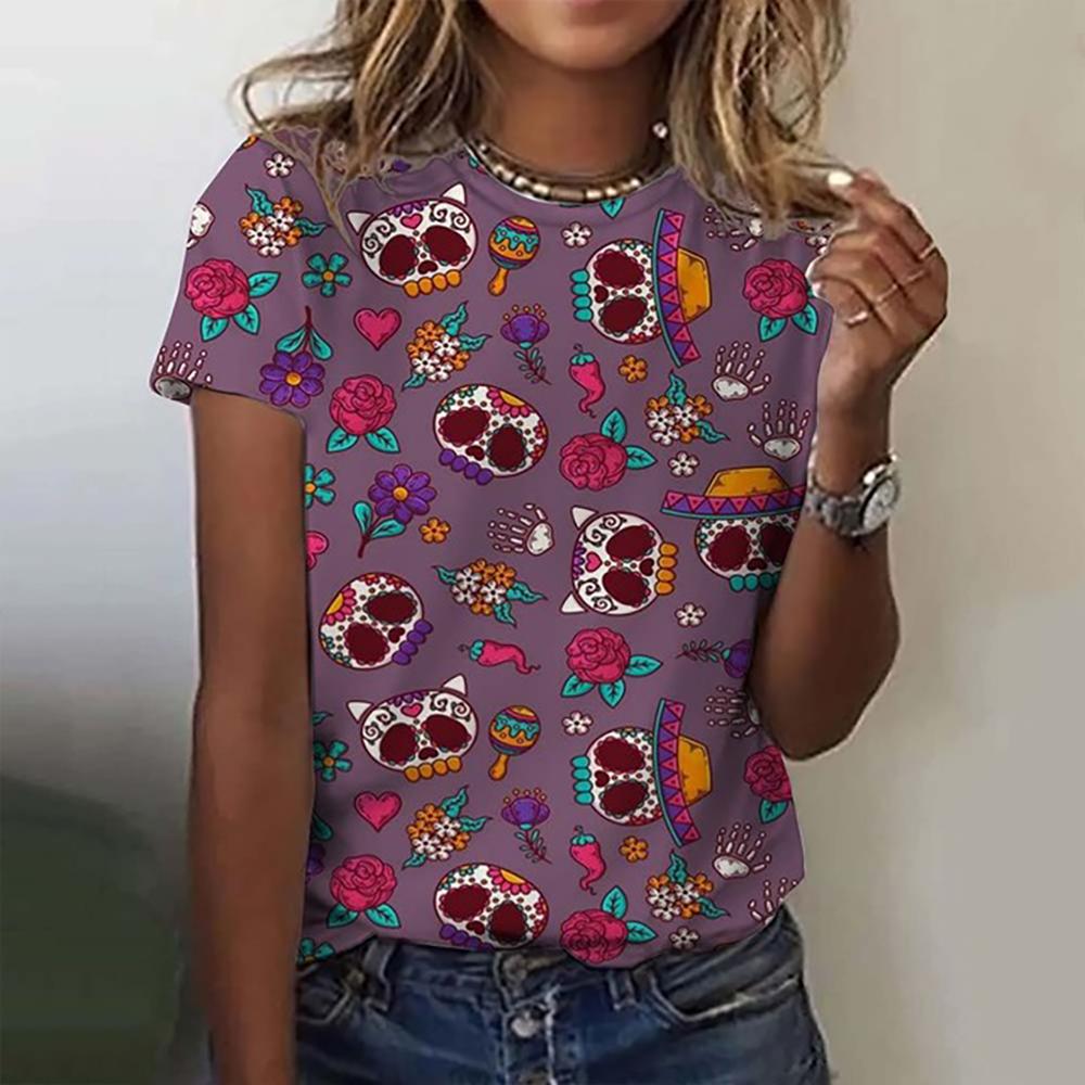 Funny Sugar Skull 3d Print Womens T Shirt Anime Cartoon Anime Mexico Summer Day of the Dead T-shirt For Men Women's Tops