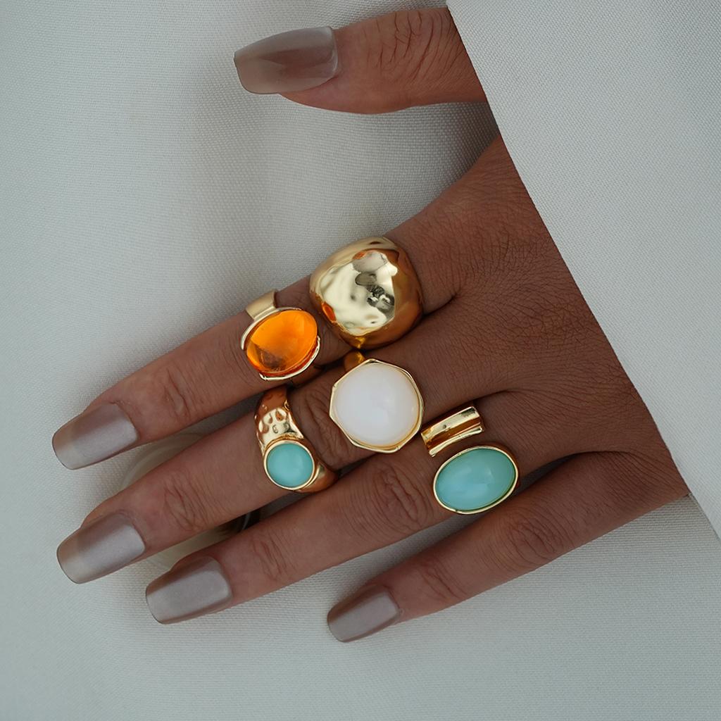 5/7Pcs/Set Vintage Acrylic Gemstone Rings Sets For Women Geometric Irregular Gold Color Flower Rings Fashion Adjustable Jewelry