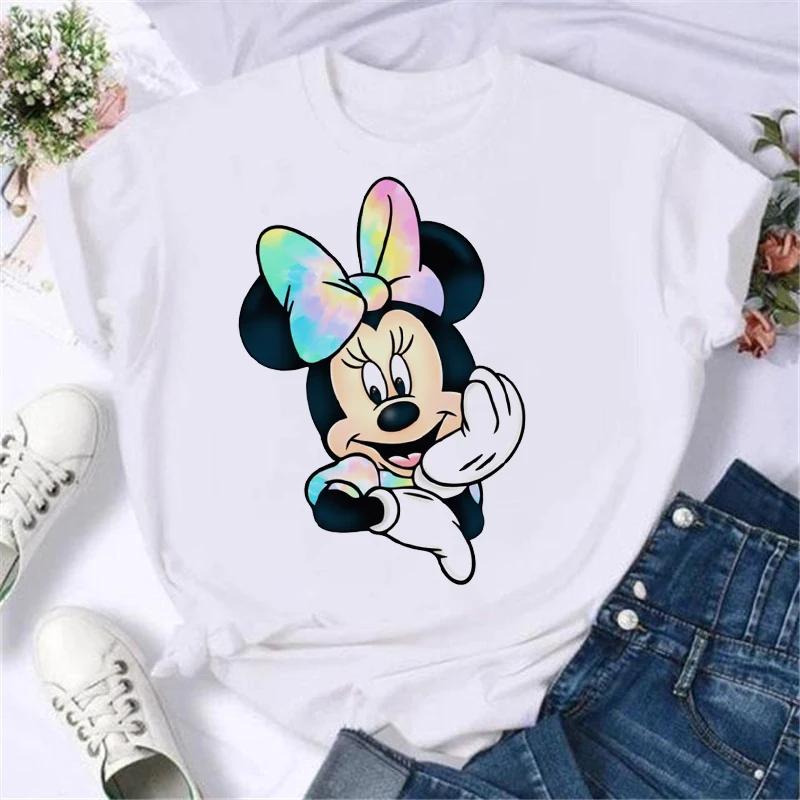 Kawaii Disney Cartoon Minnie Printed T Shirt Women Fashion Mickey Mouse White Oversized T Shirt Female Clothes Ladies T-shirts