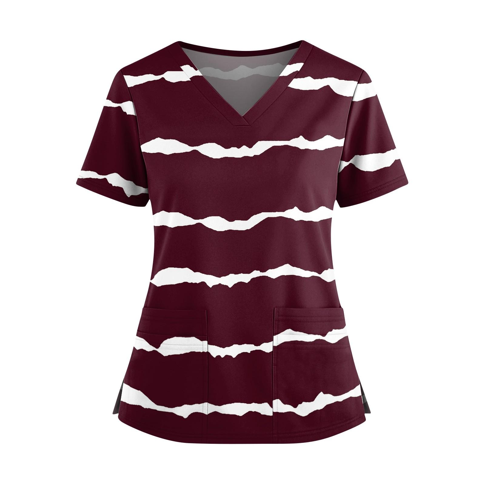 

Women s Fashionable Printed V Neck Double Pocket Short Sleeved Shirt With Slit Hem Uniform And Worker Top XXXXL
