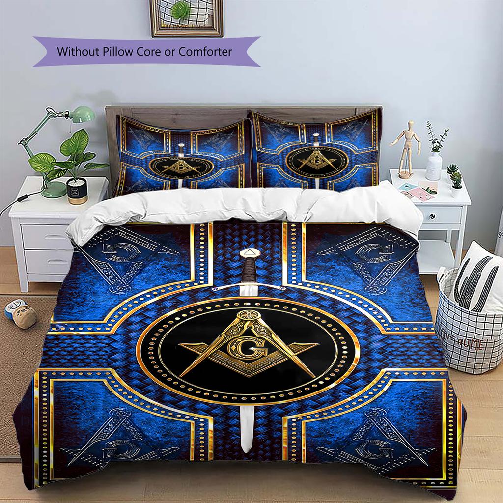 Masonic Freemason Pattern Bedding Quilt Set Quilt Cover Pillowcase Home Decoration Birthday Gift (1 * duvet cover + 2 * pillowcase, without core)