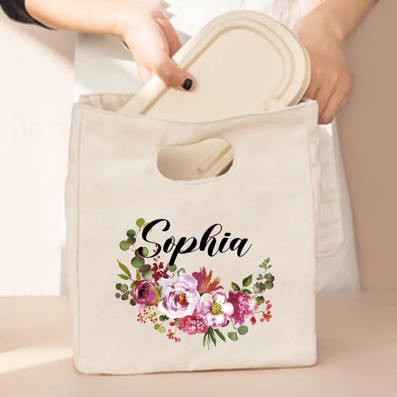 Flower Customized Canvas Handbag Vintage Travel Camping Lunch Bag Personalized Name Storage Lunch Box Large Capacity Cooler Bags