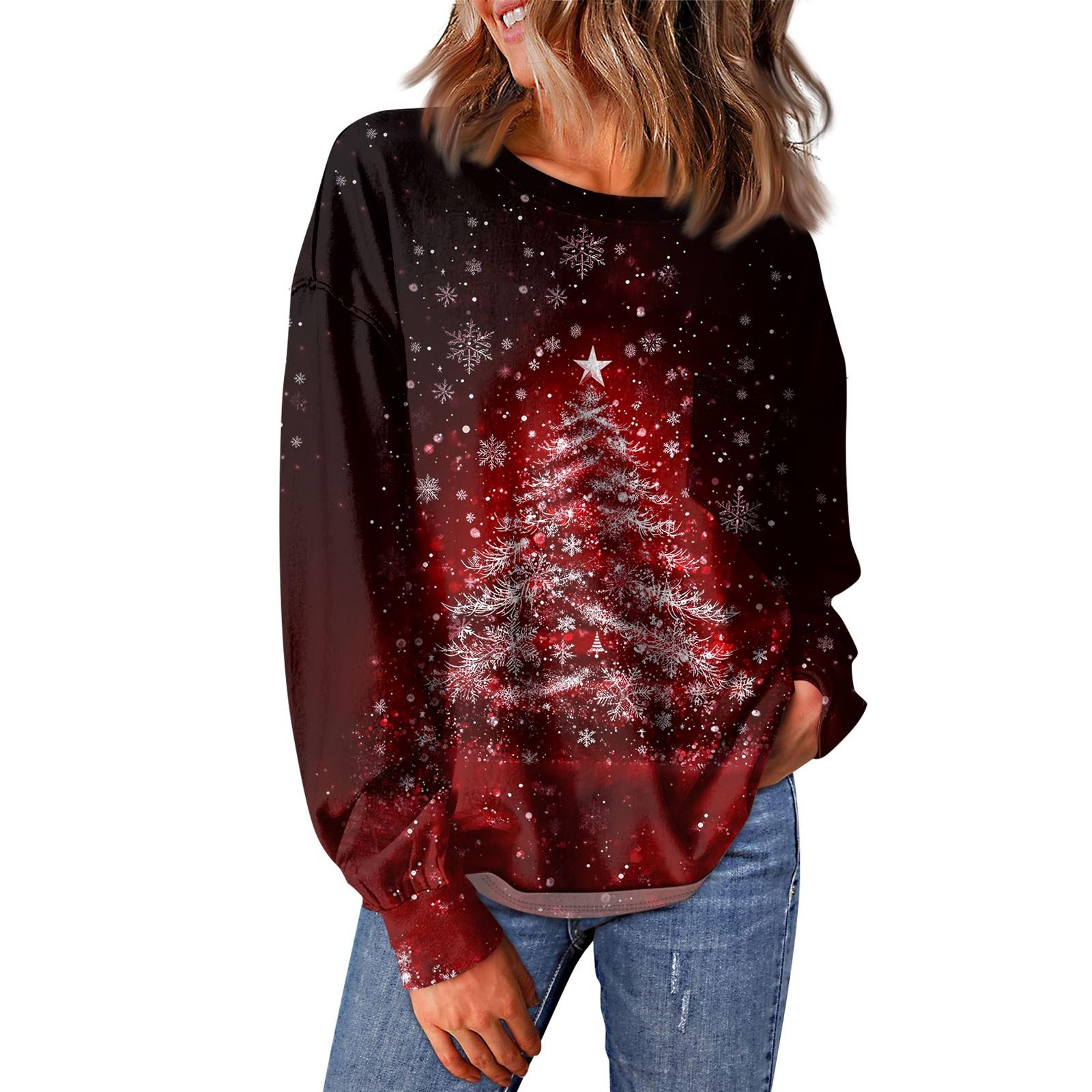 

Женский повседневный свободный топ с круглым вырезом и карманами с рождественским принтом и длинными рукавами XL арбуз красный