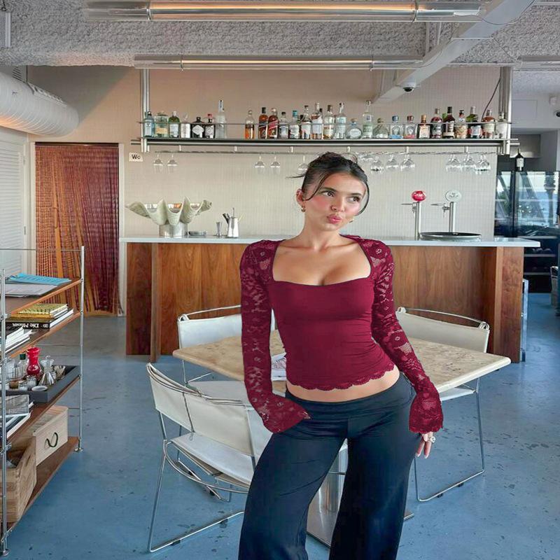 2025 Summer Women's Fashion Lace Patchwork Long Sleeve Top