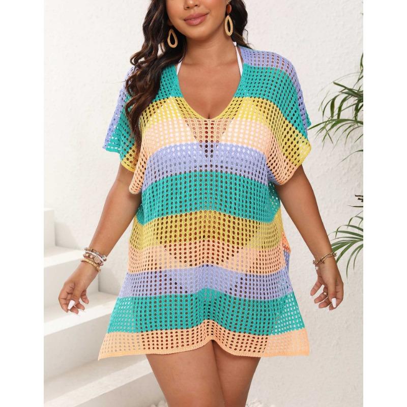 Plus Size Women's Holiday Smock Color Splicing Mixed Color Stripes Hollow Woven Dress