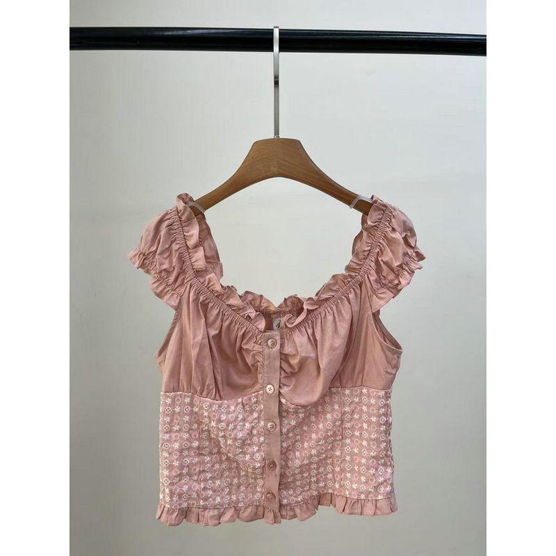 American Original Single Age-Reducing Sweet Fresh Ballet Style Sweet and Spicy Embroidered Wavy Edge Shirt Pure Cotton Top