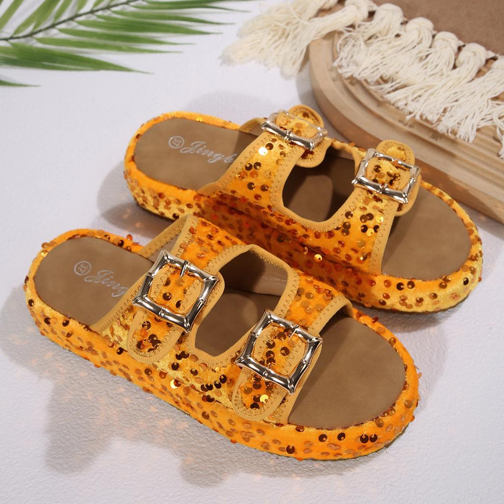 New Double Buckle Shoes Women's Casual Outer Wear Home Summer Cool Slippers European and American Large Size Rhinestone Platform Slippers