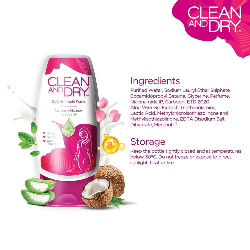 Clean & Dry Daily Intimate Wash For Women Gentle Hygiene Cleanser pH Balanced Vaginal Wash Smoothing Body Care 190ml