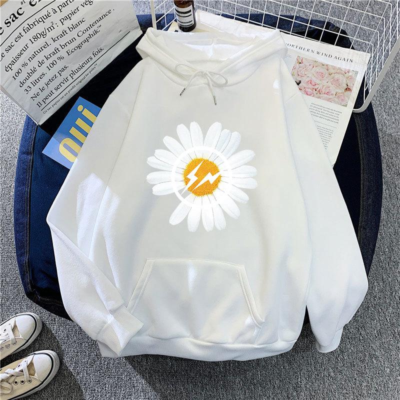 

2025 Autumn and Winter New Chrysanthemum Printing Student Loose Coat Velvet Hooded Sweater Women s Clothing S білий