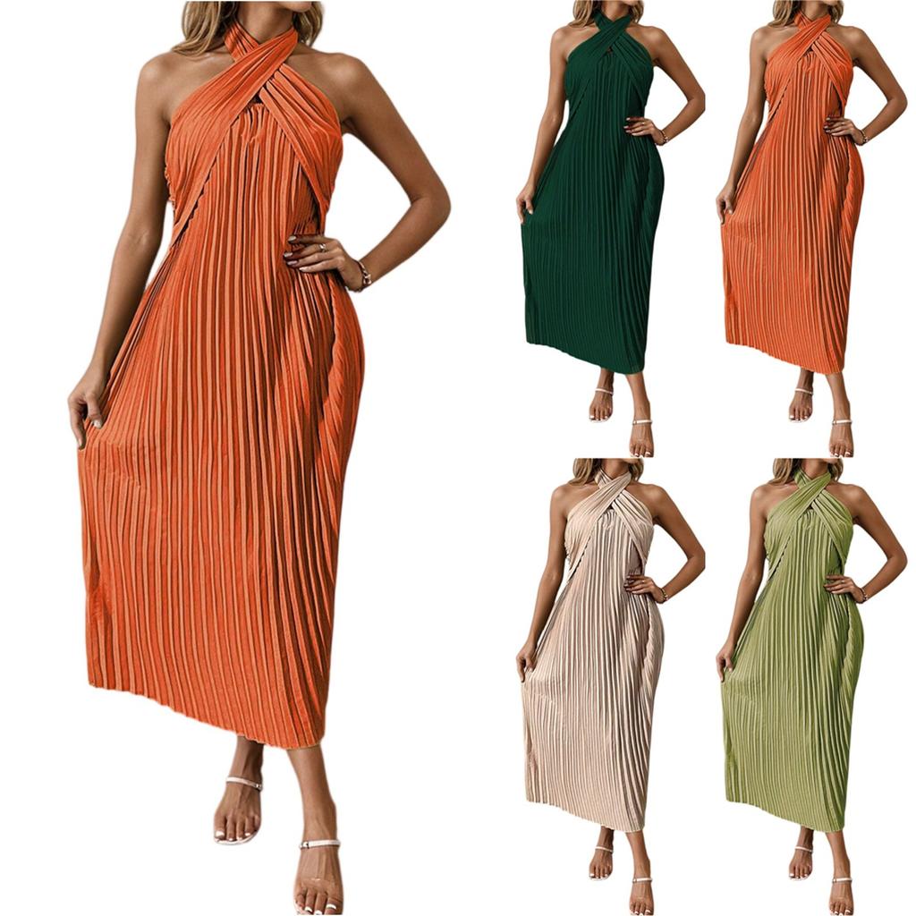 Women's Fashionable Sexy Solid Color Hanging Neck Backless Vacation Sleeveless Pleated Dress