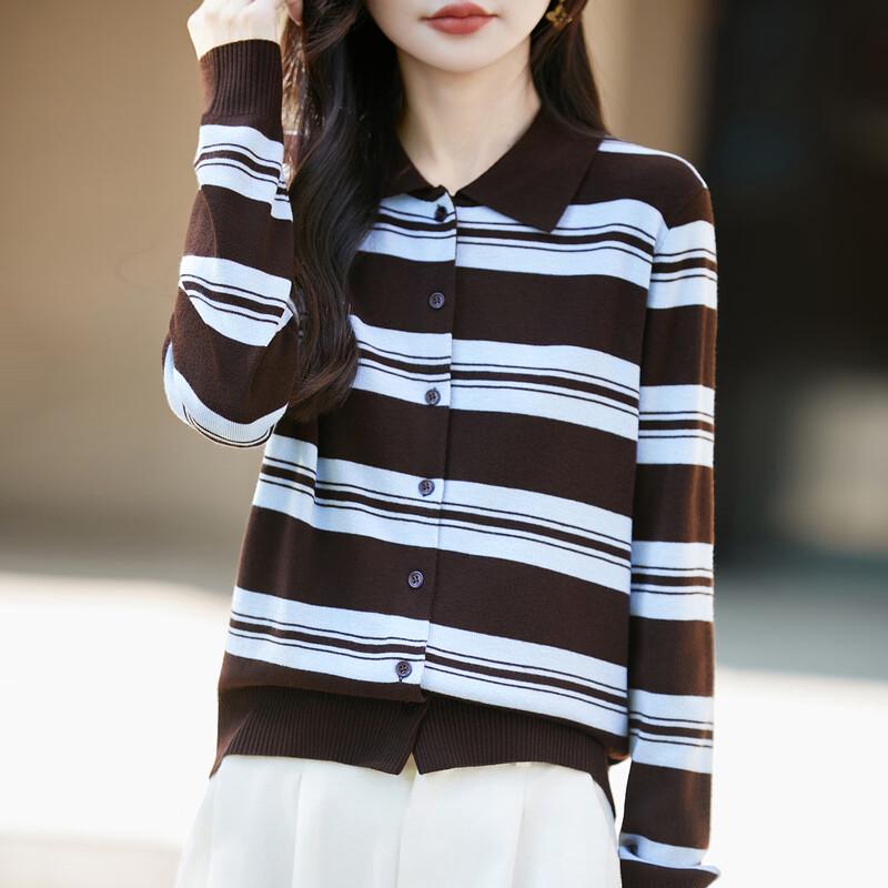 Zhenxu Damen Wollmischung Gestreifter Polo-Strickjacke