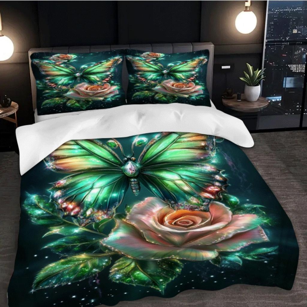 3pcs Green Butterfly Rose 3D Printed Bedding Set Comfortable Duvet Cover King Queen Twin Size Birthday Gift Bedroom Decoration