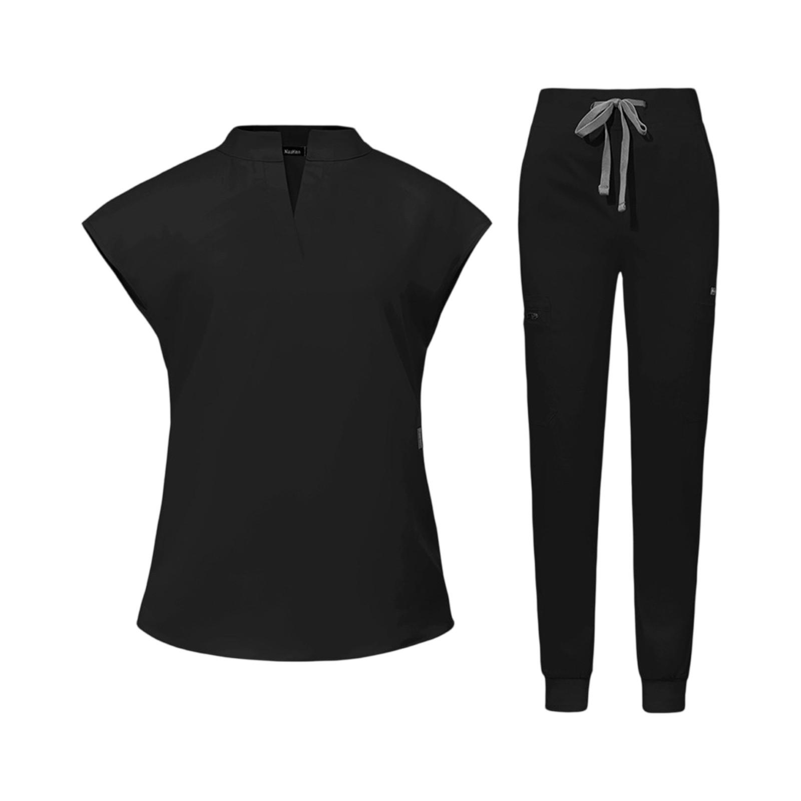 

Женский комплект из двух предметов: топ с короткими рукавами, однотонный, с карманом, брюки, рабочая одежда S чёрный