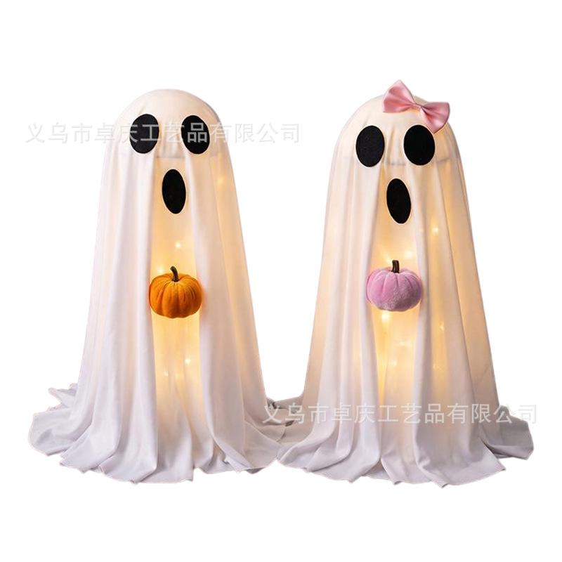 Halloween Ghost Couple Decoration with Pumpkin Light Up Feature and Bow Tie Battery Operated Indoor Outdoor Ornament for Home Party Display