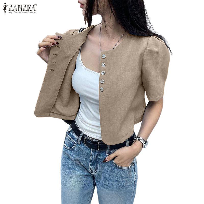 ZANZEA Damen Lässige Runde Hals Sommer Kurzarm Knopf Bluse