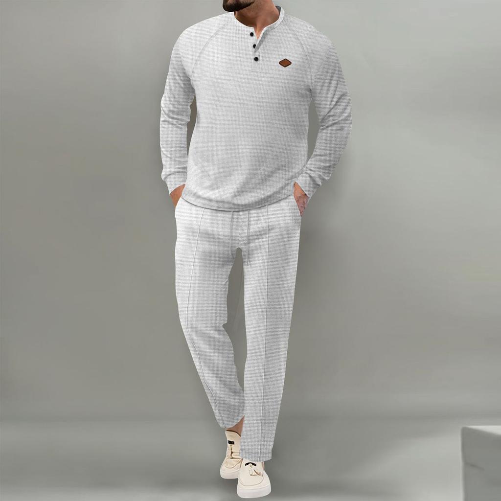 Men's Solid Color Round Neck Three Breasted Casual Sports Long Sleeved Trousers Suit