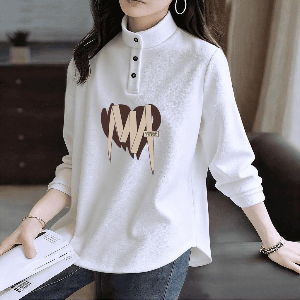 Women's Plus Size Long-Sleeve T-Shirt with Stand Collar and Lapels - De Rong Base Layer, Autumn/Winter Style for a Slimming Look