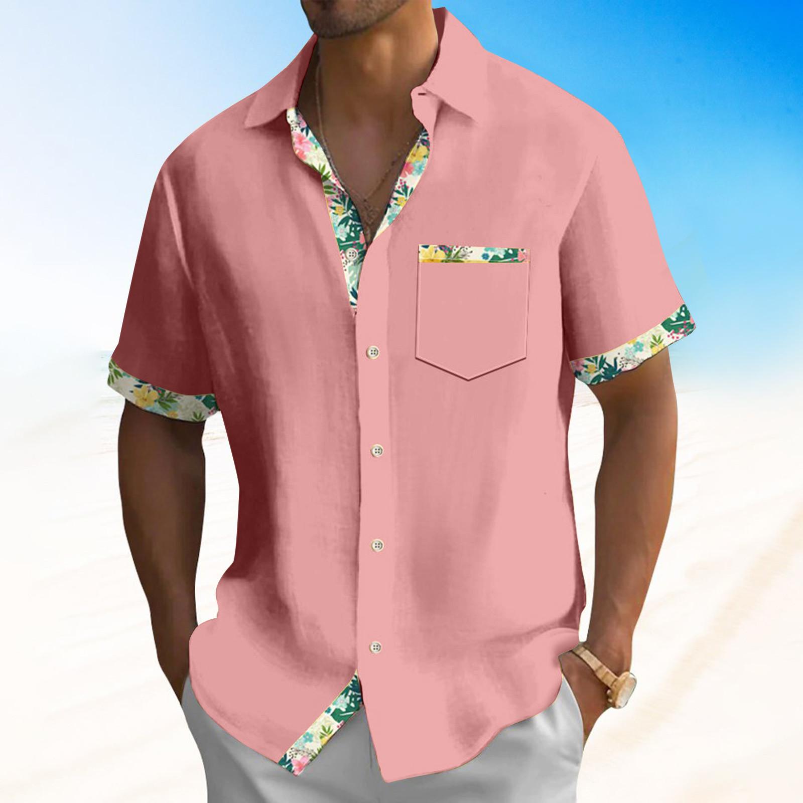 

Men s Short Sleeve Hawaiian Shirt, Tropical Floral Print, Casual Button-Down Beachwear, Pink, Summer Fashion Top XL рожевий