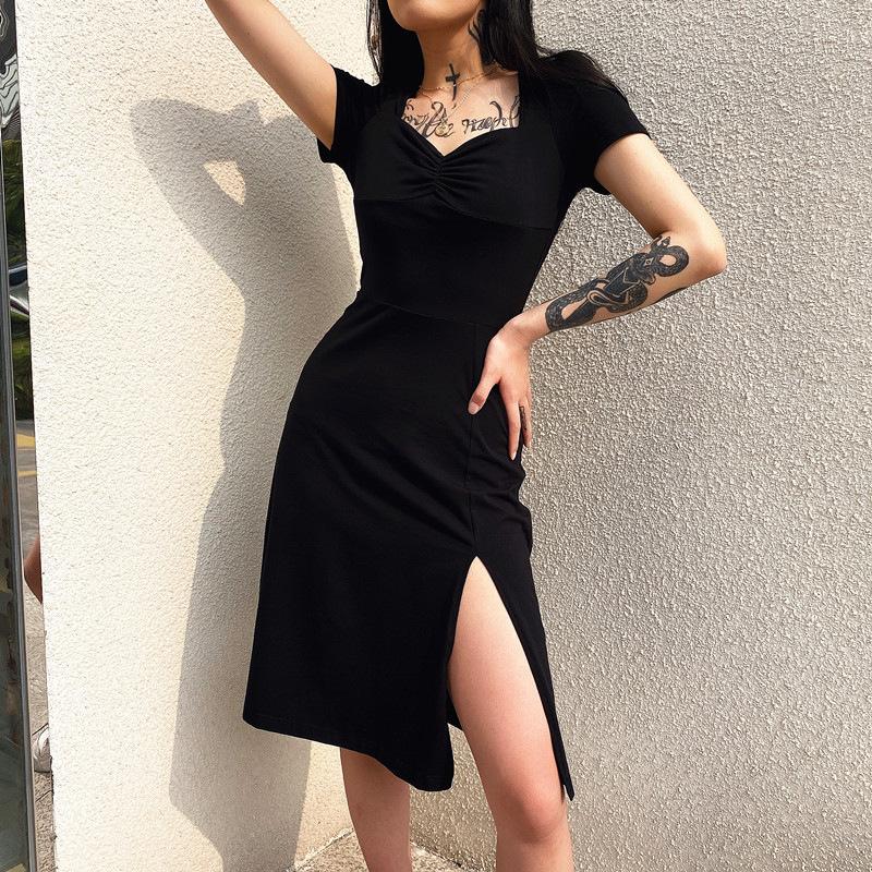 Short-sleeved Dress Summer Sexy Split Fork Pleated Waist Court Style Retro Square Collar Slim and Thin Little Black Dress Woman