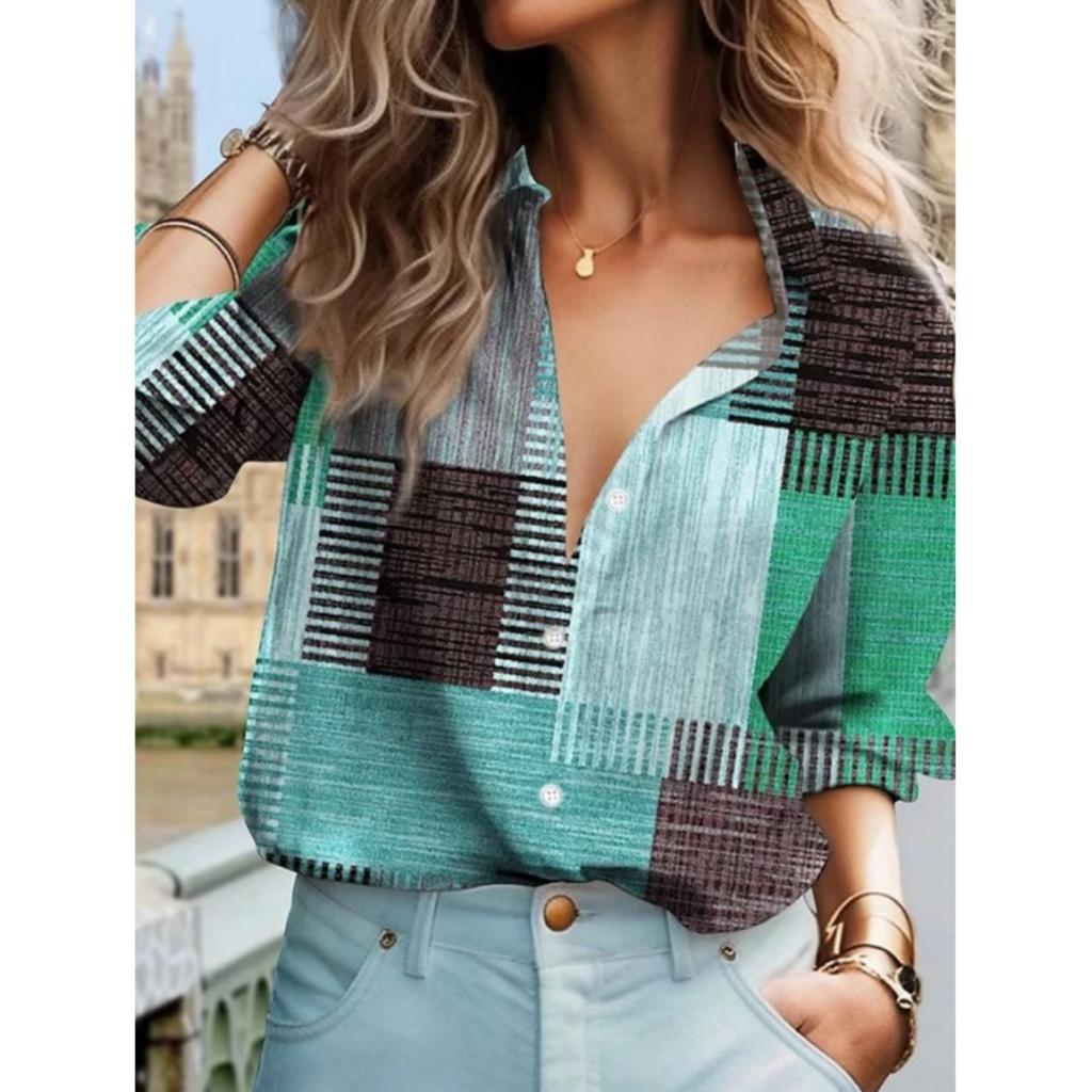 Patchwork Plaid Long-Sleeve Shirt, Stylish Casual Top for Everyday Wear.