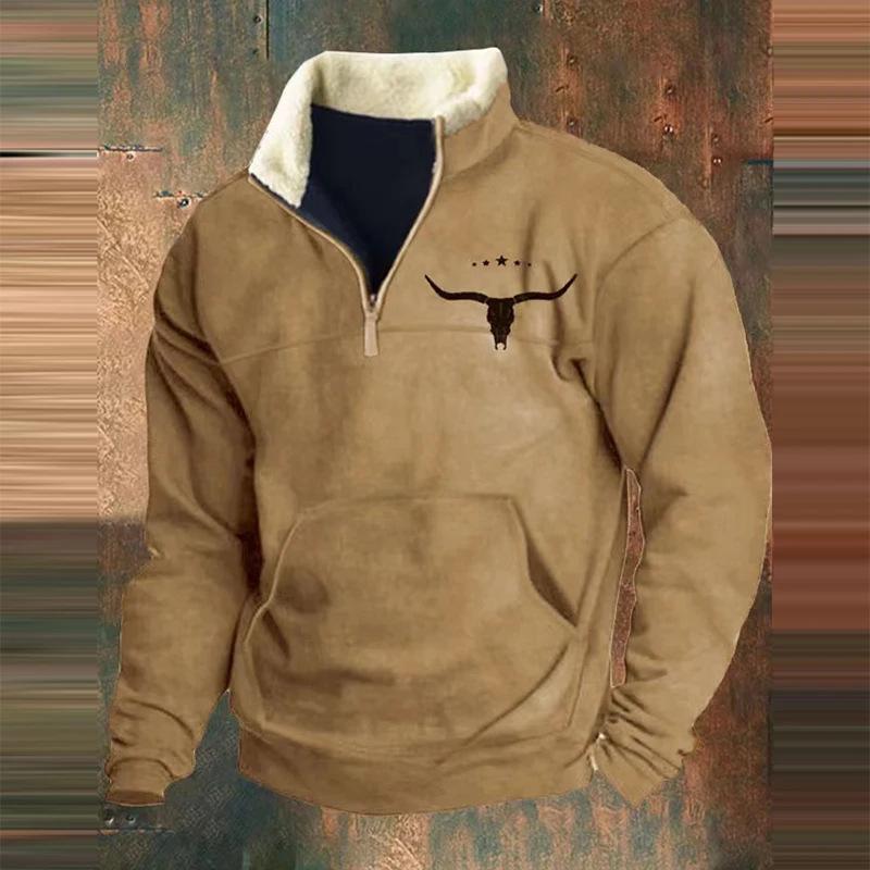 2025 Retro 3D Print Stand Collar Velvet Men's Hoodie for Autumn/Winter