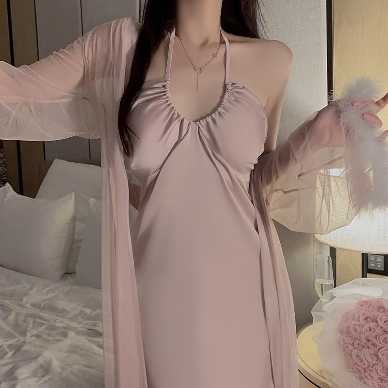 Dress Set Women's Solid Color Drawstring Halter Satin Long Dress with Padded O Neck Backless Sexy Pajamas for Women