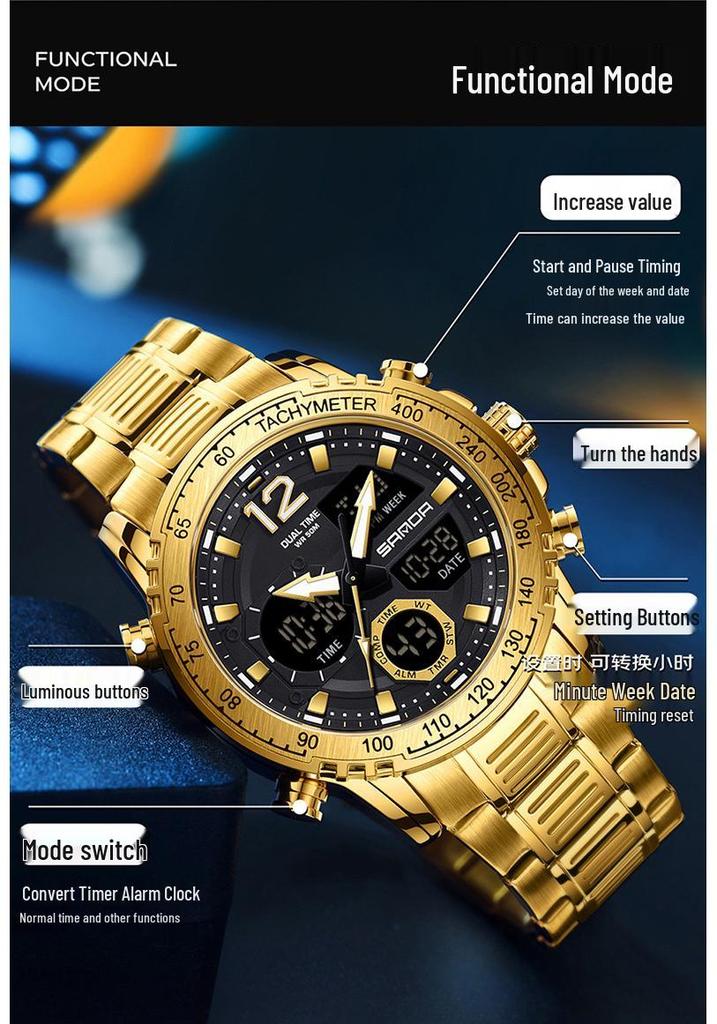 Sanda Dual Display Waterproof Sports Watch with Luminous Alarm for Teens