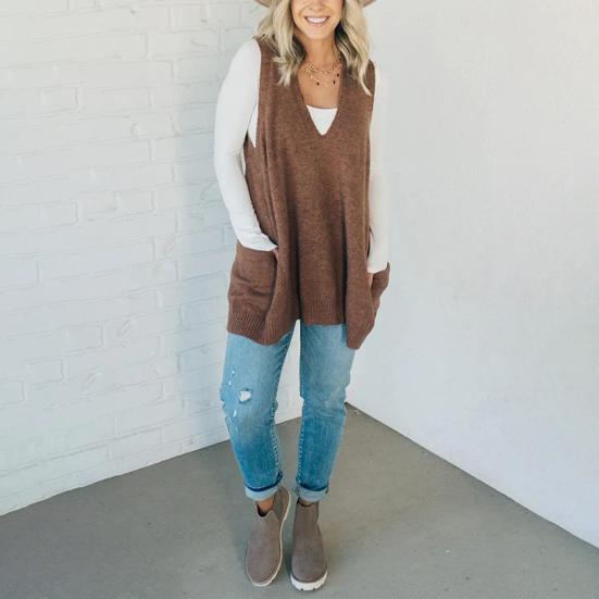 Yousheng Women Sweater V-neck Sleeveless Solid Color Knitting Vest with Pockets Ribbed Trim Loose Fit Mid-length Casual Knitwear