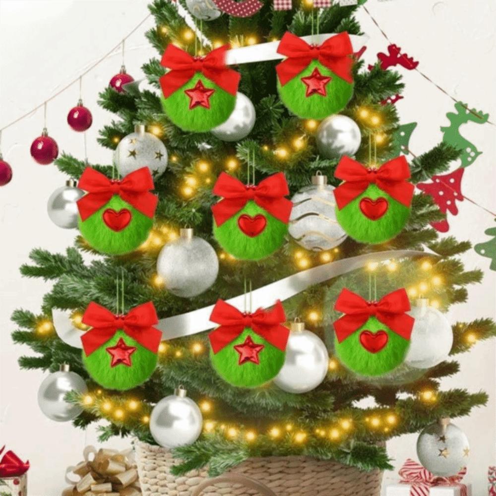 12Pcs Decorative Furry Christmas Green Elf Ball Soft 6cm Green Christmas Balls with Bow and Heart DIY Xmas Tree Pendant Window