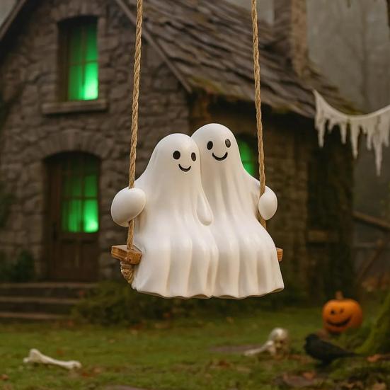 Halloween Couple Ghost Swing Statue Resin White Ghost Swinging Figurine Cute Ghost Sculpture for Garden Patio Yard Decor