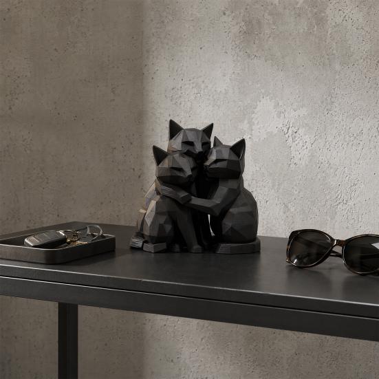 Artistic Cat Sculpture 3D Printed Black Figurine, Three Hugging Geometric Statue, Durable Ornament Modern Animal Shape for Home Office Bookshelf