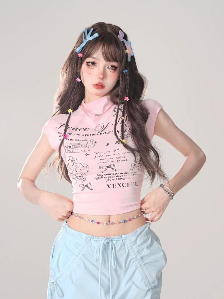 Topuri Y2K pentru fete, tricouri imprimate pentru femei, tricouri sexy, design cu control abdominal, tricouri la modă pentru dame, topuri cu litere de desene animate, tricouri casual cu mânecă scurtă