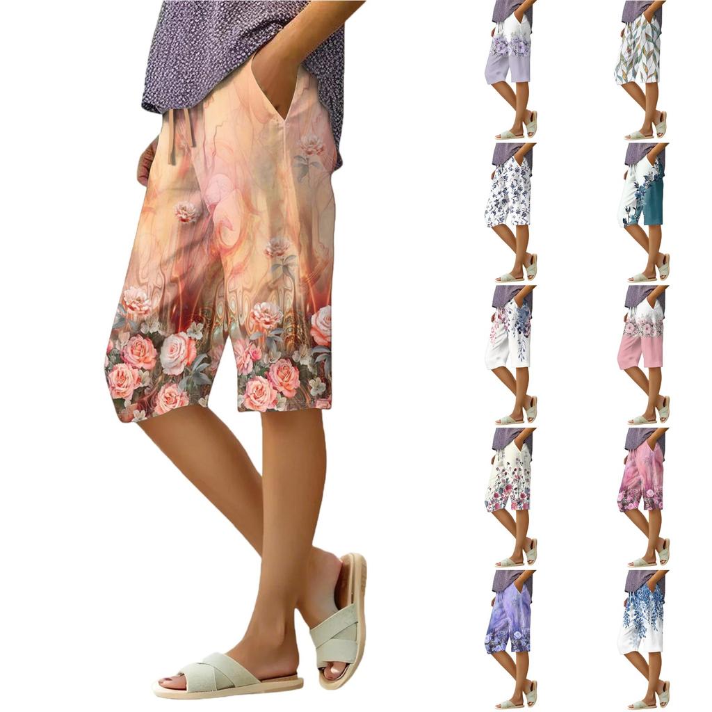 Women's Summer Elasticated Tie Waist Floral Cotton & Linen Loose Shorts