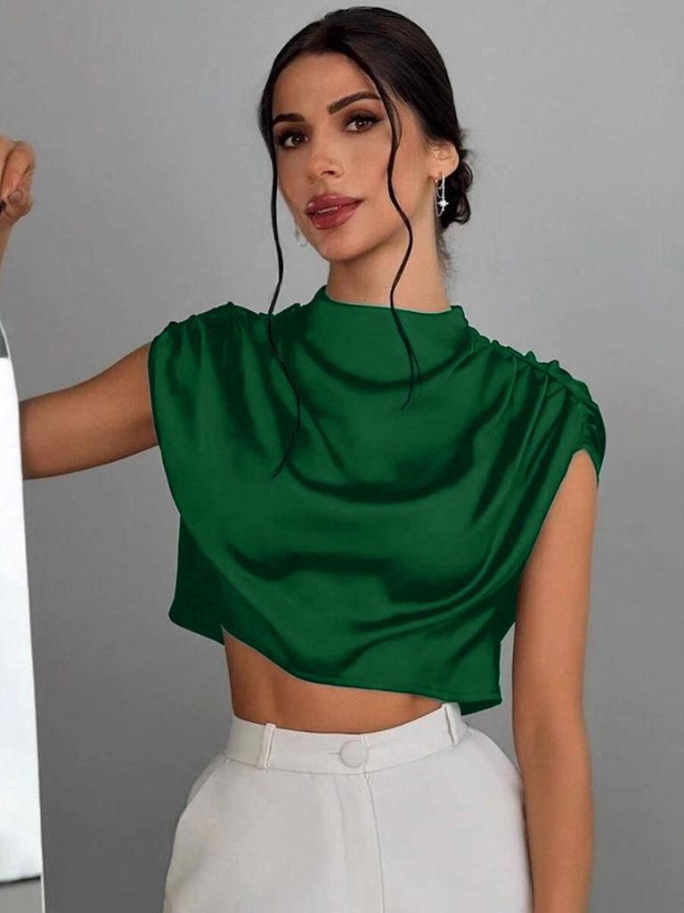 Cross-Border Hot Selling Women's Pleated Satin Shirt - Spring/Summer Imitation Silk Short Top