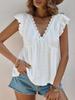 2026 European & American Fashion White Embroidered Deep V-neck Petal Sleeve French Style Women's T-shirt