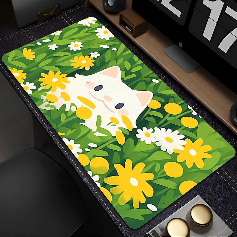 Cute Flowers Black Cat Mouse Pad Computer Anime Mausepad Green Plants XXL Mousepad Kawaii Extended Pad Pc Keyboard Rug Desk Mat