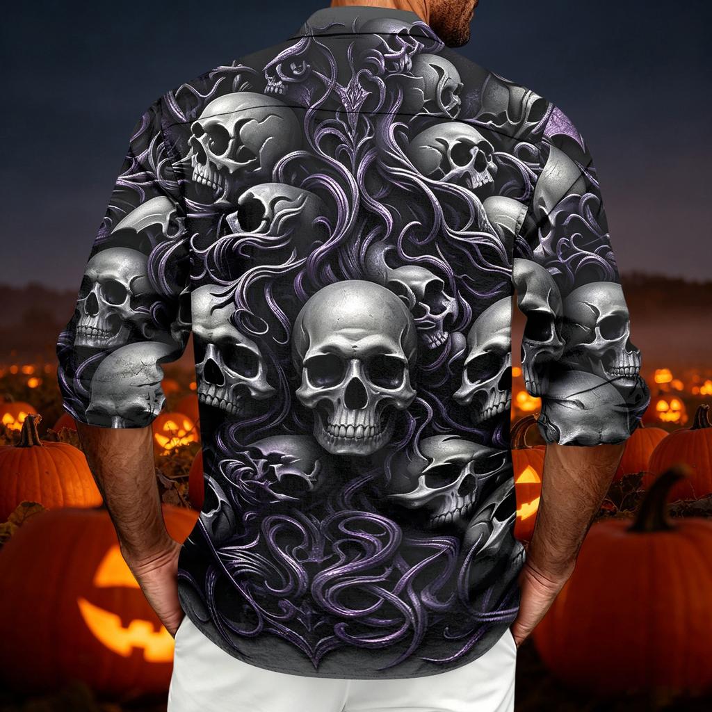 Men's Casual Long Sleeve Shirt with Halloween Print for Spring and Fall
