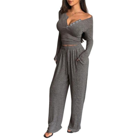 Women's 2 Piece Lounge Sets Long Sleeve Button Up Crop Top Wide Leg Pants Matching Outfit Casual Fall Spring Tracksuits