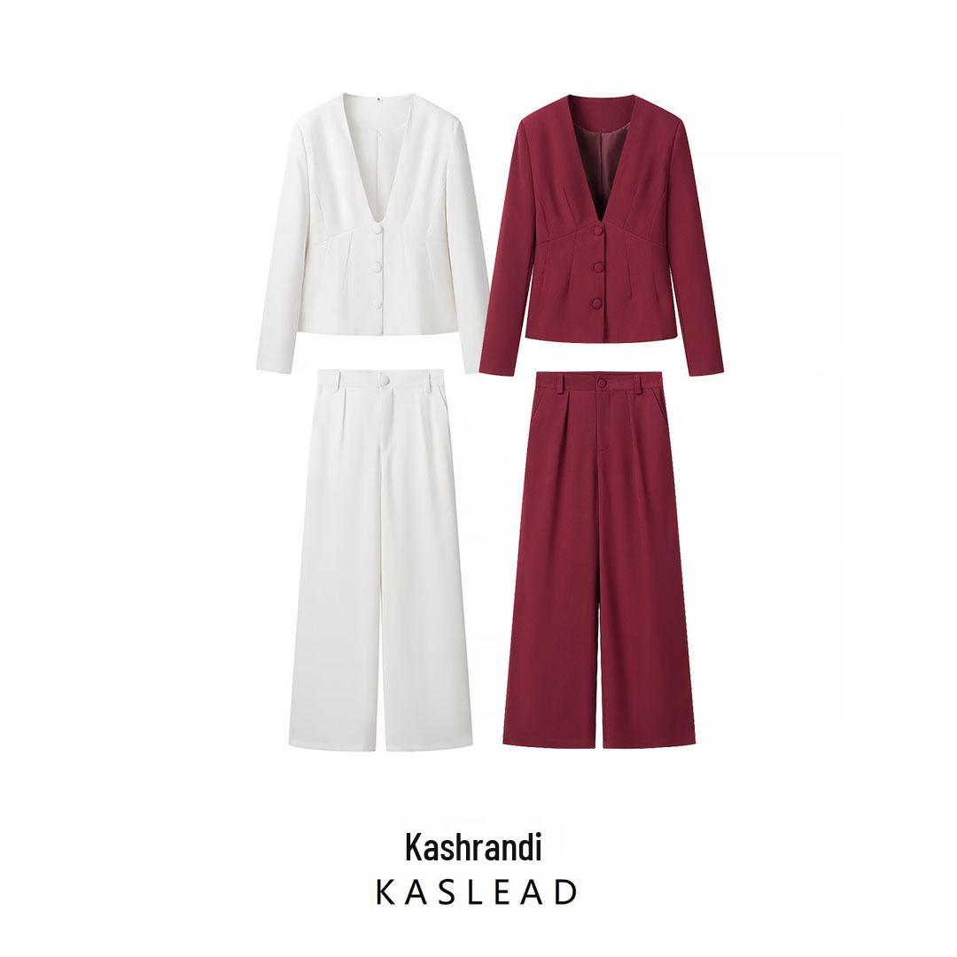 

2024 Autumn Women s European & American Fashion V-neck Top & Straight-leg Pants Set Large