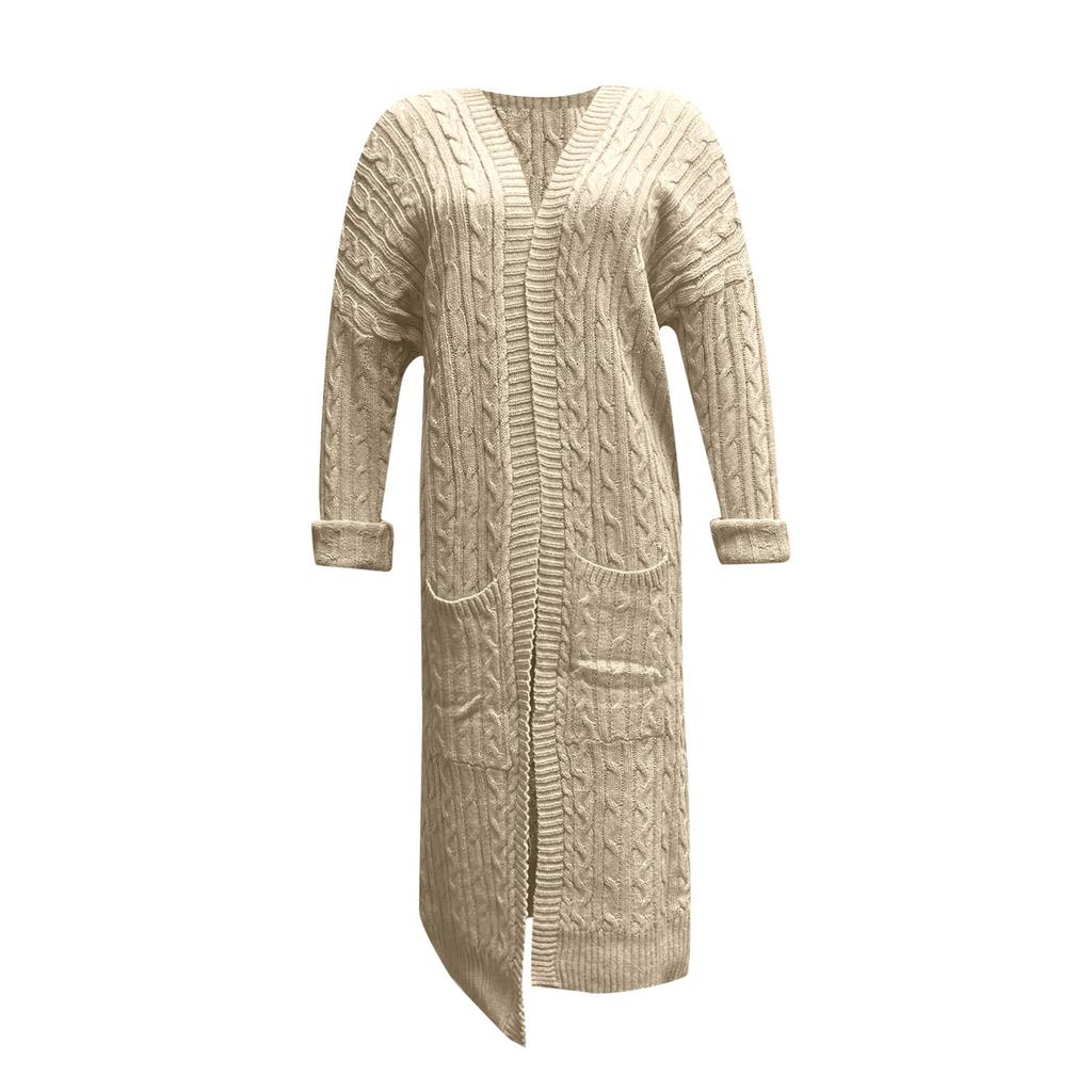 Modische Damen-Strickjacke mit langen Doppeltaschen und Ganzkörper-Pullover