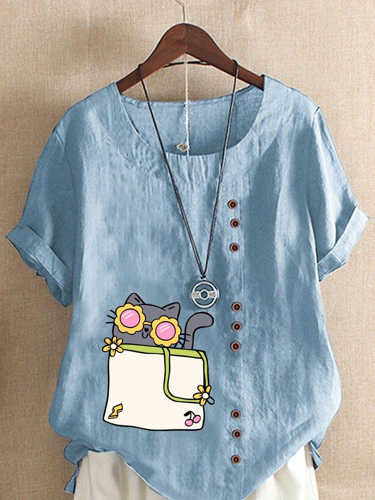 Women's Fashion Cat Print Casual Cotton Linen Short Sleeve Round Neck T-shirt Shirt Leisure Loose Summer Blouse Tops