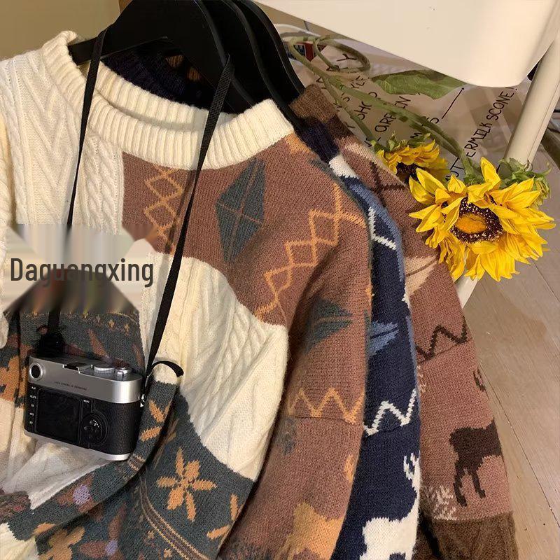 Pánský japonský retro zimní svetr - Trendy volný pulovr s kulatým výstřihem