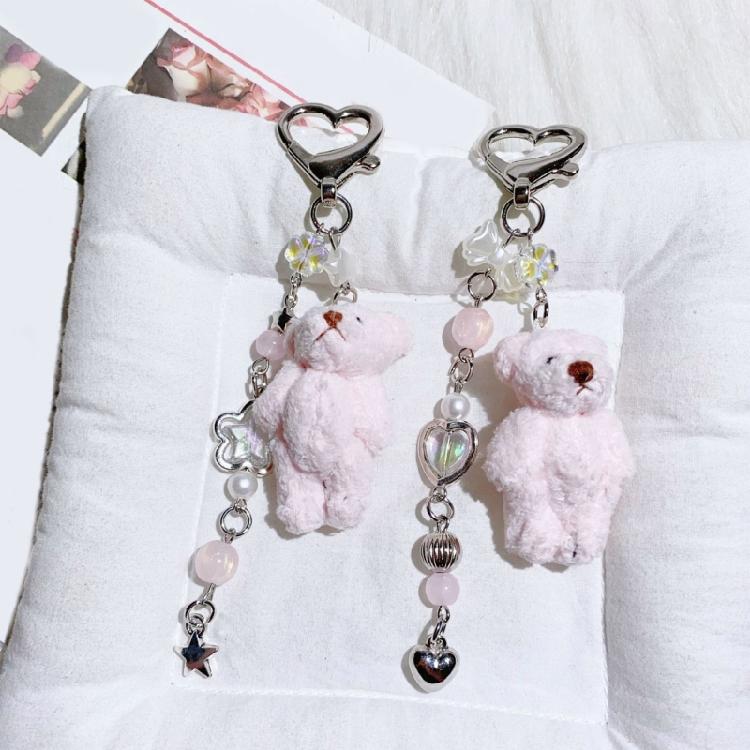 Bead Chain Adorned Bear Keyring Plush Animal Keychain Pendant Handmade Phone Charm Unique Gift for Children and Teens